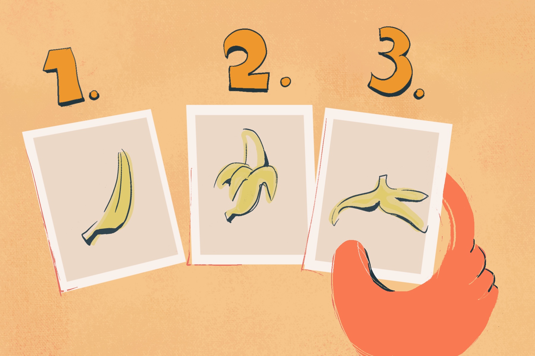Illustration of three pictures of banana, one unpeeled, one half peeled and one with orange hand holding picture of banana peel