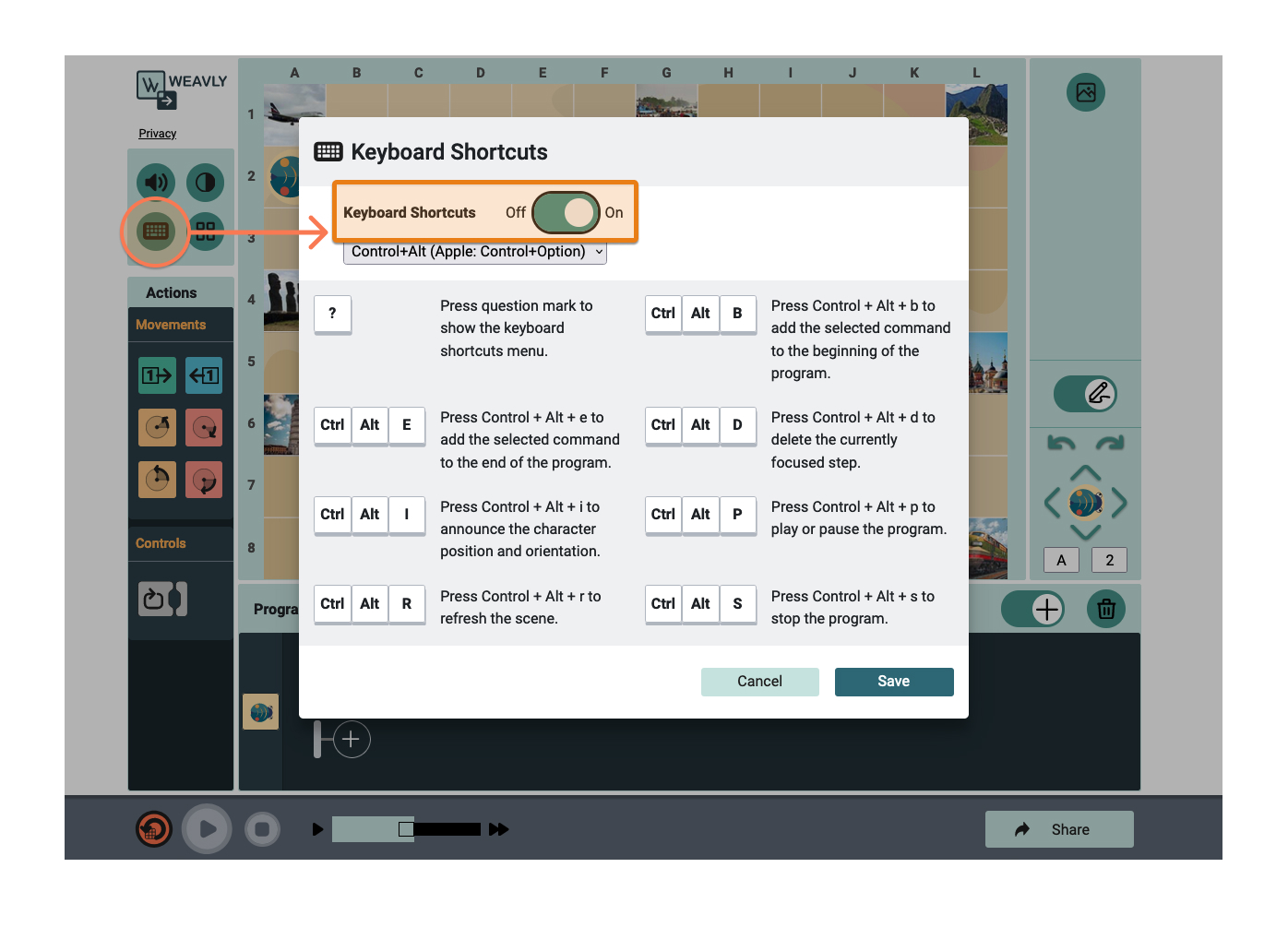 Keyboard shortcuts modal in Weavly