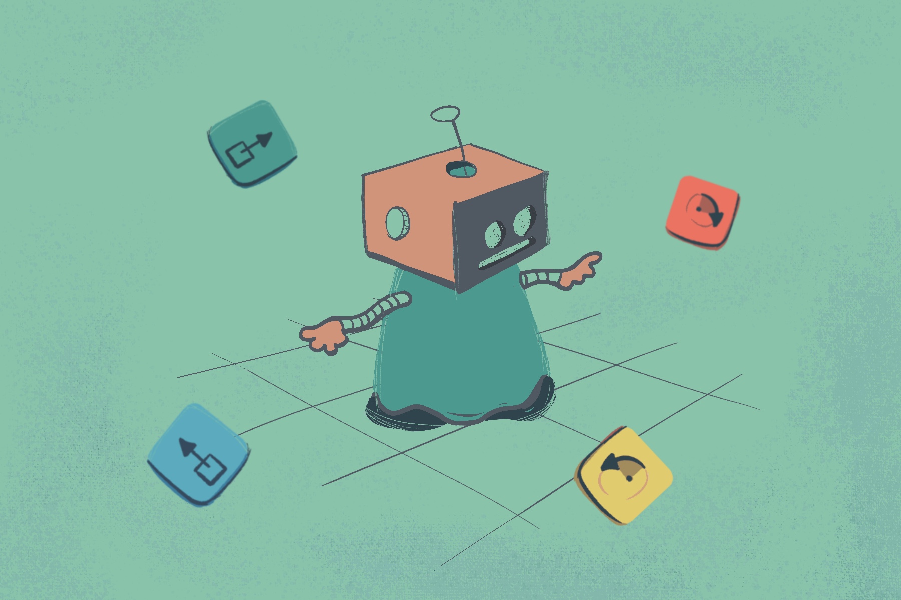 Illustration of robot on grid surrounded by action blocks