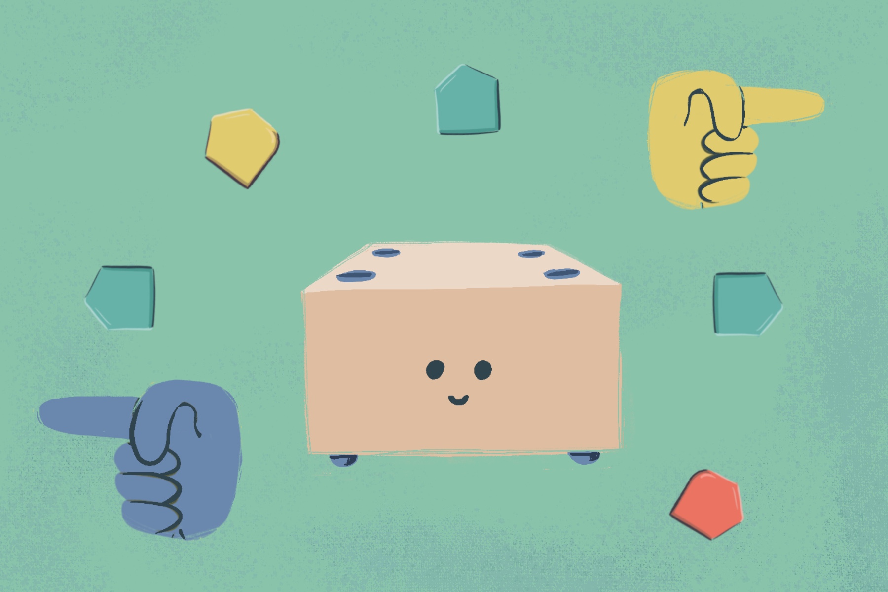 Illustration of Cubetto around command blocks, blue hand pointing left, and yellow hand pointing right