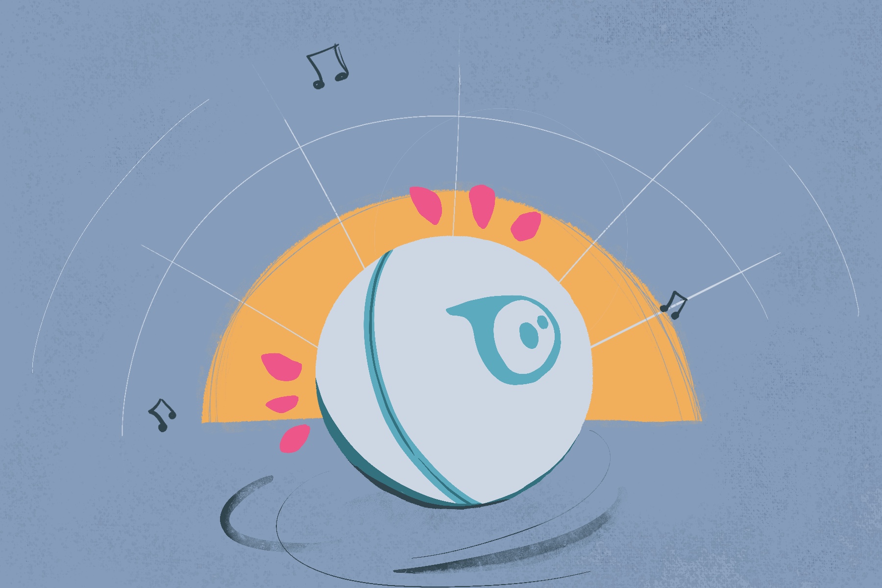 Illustration of Sphero in front of top half of a yellow semi-circle with music notes around