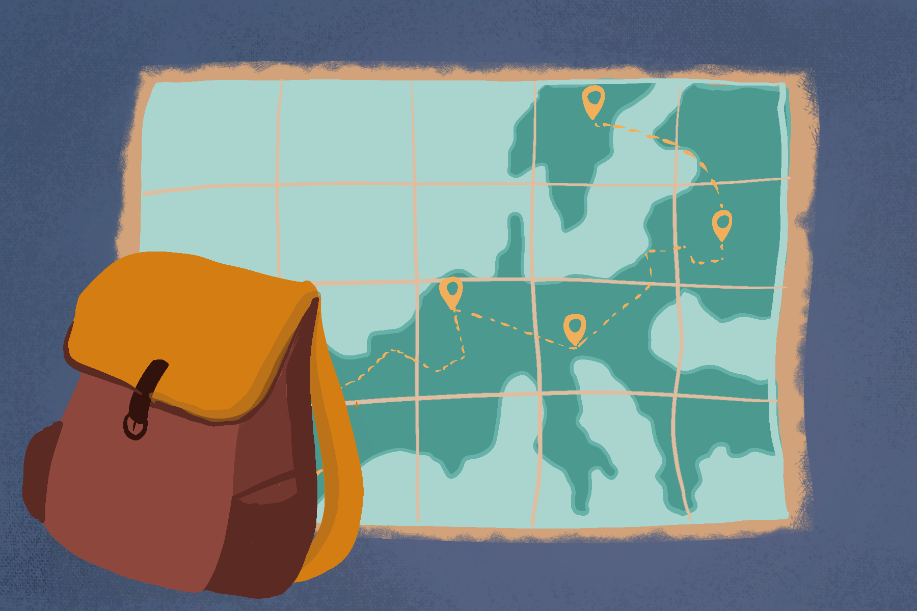 This illustration show a map of Europe and backpack. 