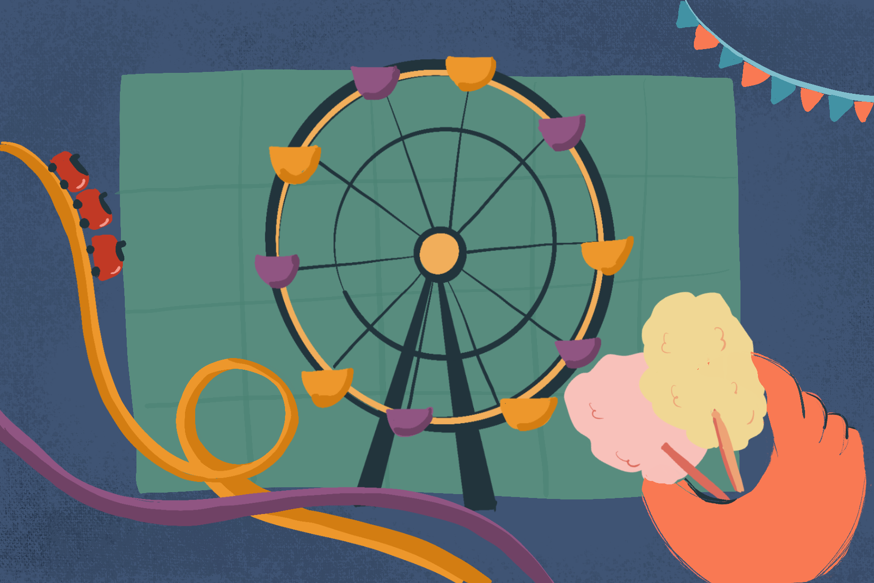 An illustration showing Weavly scene with a ferris wheel, rollercoaster rides and a hand holding two cotton candies. 