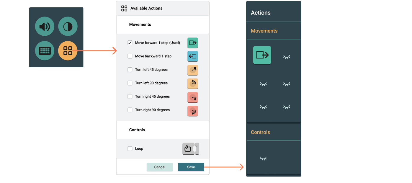 This image shows how learners can use the action panel's simplification menu to hide action blocks. 